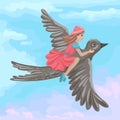 Little inch girl flying on swallow. Vector illustration