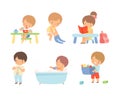 Little independent children set. Boys and girls getting dressed, cleaning up toys, bathing and eating cartoon vector