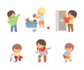 Little independent children set. Boys and girls getting dressed, cleaning up toys, sweeping floor, tying shoelaces