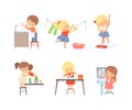 Little independent children set. Boys and girls washing, dishes, hanging clothes out to dry, mopping floor, watering