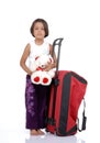 Little Indian girl with bag and teddy bear Royalty Free Stock Photo