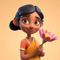 Little Indian girl holding a flower in her hand - 3d render