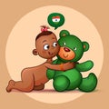 Little Indian girl hugging teddy bear green Royalty Free Stock Photo