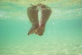 Happy baby steps, underwater view. .Little infant baby child legs and toes touch sand on sea beach Royalty Free Stock Photo