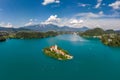 Slovenia - Aerial view resort Lake Bled. Aerial FPV drone photography Royalty Free Stock Photo