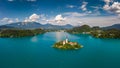 Slovenia - Aerial view resort Lake Bled. Aerial FPV drone photography Royalty Free Stock Photo