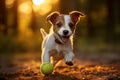 A little Jack Russell Terrier catches up with a tennis ball on a path in the park