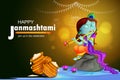 Little Kanha playing bansuri (flute) on Krishna Janmashtami festival background of India