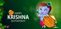 Little Kanha playing bansuri (flute) on Krishna Janmashtami festival background of India