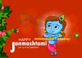 Little Kanha playing bansuri (flute) on Krishna Janmashtami festival background of India