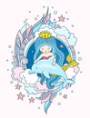 Little kawaii princess mermaid with dolphin. Siren with long blue hair. Under the sea. Vector illustration for print