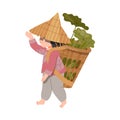 Little Kid as Asian Farmer in Straw Conical Hat Carrying Wicker Basket with Green Plants Vector Illustration