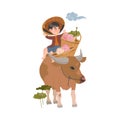 Little Kid as Asian Farmer in Straw Hat Sitting on Bull with Wicker Basket of Lotus Flowers Vector Illustration