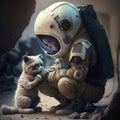 A little kid in an astronaut costume with a cute kitten. Generated by artificial intelligence Royalty Free Stock Photo