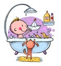 Little kid or baby bathing and playing in the bathroom, daily routine Royalty Free Stock Photo