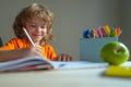 Little kid boy is doing his homework for elementary school. Royalty Free Stock Photo