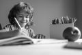 Little kid boy is doing his homework for elementary school. Royalty Free Stock Photo