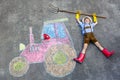 Little kid boy having fun with tractor chalks picture Royalty Free Stock Photo