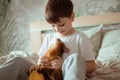 Little kid boy playing with red cat somli breed kitten. People children kids with pets concept. Royalty Free Stock Photo
