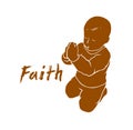Little kid boy praying vector silhouette illustration isolated on white, child standing on the knees