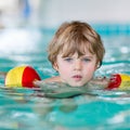 Little kid boy with swimmies learning to swim in an indoor pool Royalty Free Stock Photo