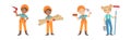 Little Kid Builder Character Wearing Hard Hat with Construction Tool Executing Work Vector Set