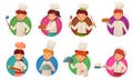 Little kid chef. Children cooking, kids cooks in circle frame and child chefs in round hole cartoon vector illustration