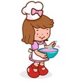 Little girl chef cooking in the kitchen. Vector Illustration