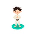 Little kid, child preparing for karate training. Boy doing martial fight exercise on green grass. Isolated vector