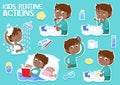 Little kid with dark brown hair and his daily routine - cartoon character - illustration Royalty Free Stock Photo