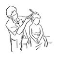little kid getting haircut at kids barbershop vector illustration sketch doodle hand drawn with black lines isolated on white