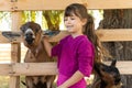Little kid girl with domestic goat. Zoo, farm, love animal concept. Royalty Free Stock Photo