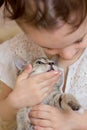 Little kid girl pets a cute gray kitten