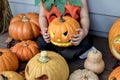 Little kid with Halloween pumpkin Royalty Free Stock Photo