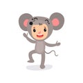 Little kid with happy face expression in mouse costume. Animal jumpsuit. Cartoon child character in action. Flat vector Royalty Free Stock Photo