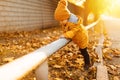 Little kid laughing and playing in the autumn on nature walks outdoors Royalty Free Stock Photo