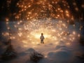 Little kid looking at magic lights. Christmas night full of magic. Trees covered with snow. Winter holidays