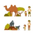 Little Kid with Parent Traveler Visiting Tropical National Park Watching Camel and Gorilla Vector Illustration Set Royalty Free Stock Photo