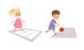 Little Kid Pedestrian Learning Road Sign and Traffic Rule Crossing Crosswalk and Playing Ball on Roadway Vector Set