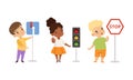 Little Kid Pedestrian Learning Road Sign and Traffic Rule Vector Set