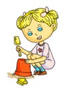 Little kid playing with basket, shovel and toys in sand box cartoon. Cute happy girl building sand castle. Childhood Royalty Free Stock Photo