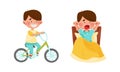 Little kid daily routine. Cute boy Cute boy riding bike and awakening up at morning cartoon vector illustration Royalty Free Stock Photo