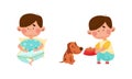 Little kid daily routine. Cute boy reading book and feeding his pet dog cartoon vector illustration Royalty Free Stock Photo