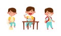 Little kid daily routine. Cute boy sitting on toilet bowl, having breakfast and walking at school cartoon vector