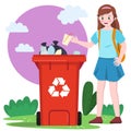 little kid school girl put trash garbage into recycle bin trash can green earth preserve nature
