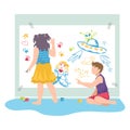 Little kid sitting floor drawing aquarelle picture, character children female male friend cartoon vector illustration