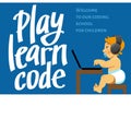 A little kid sitting at the table with a laptop. Cartoon vector illustration about children coding. Play learn code