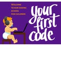 A little kid sitting at the table with a laptop. Cartoon vector illustration about children coding. Your first code