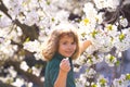 Little kid smelling spring flower outdoor. Portrait of smiling child face near blossom spring flowers. Kid among Royalty Free Stock Photo