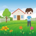 Little kid with Sweet Home and lovely landscape